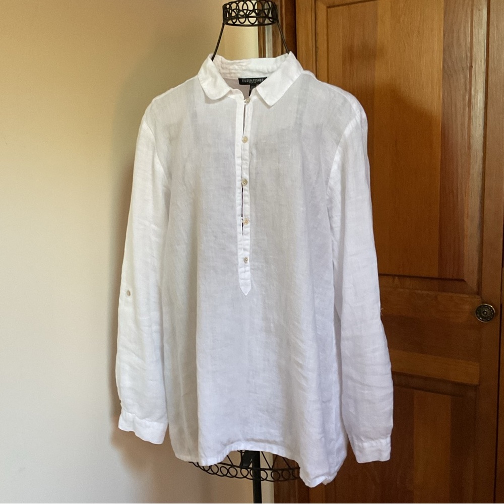 EILEEN FISHER 100% IRISH LINEN BUTTON FRONT LONG SLEEVE SHIRT BLOUSE TOP